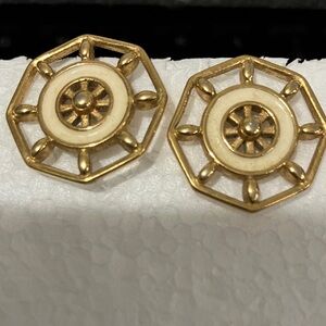 Monet Gold Tone Nautical Wheel Earrings with Cream Enamel